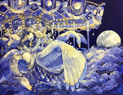 1girl above_clouds acrylic_paint_(medium) animal arm_up bird blue_capelet blue_sky blush brown_eyes brown_hair capelet carousel closed_eyes clothed_animal cloud constellation_print crescent female_focus flying frilled_capelet frilled_sleeves frills full_moon gemini_(constellation) highres jewelry long_hair long_sleeves matching_hair/eyes moon night open_mouth original outdoors painting_(medium) ribbon riding riding_bird sidelocks sky solo star_(sky) star_(symbol) susutouka swan swept_bangs tassel traditional_media white_ribbon
