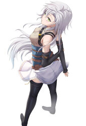 1girl absurdres bare_shoulders breasts clothes_lift curtained_hair detached_sleeves eiyuu_densetsu fie_claussell floating_hair green_eyes hair_between_eyes highres kuro_no_kiseki_(series) kuro_no_kiseki_i loafers long_hair looking_at_viewer parted_bangs shoes simple_background skirt skirt_lift small_breasts solo thighhighs white_background white_hair witch_f