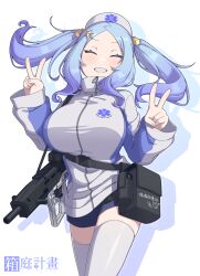 1girl ^_^ bismuth_(paravene) blue_hair blue_shorts blush breasts closed_eyes commentary double_v facing_viewer forehead gradient_hair grey_hat grey_jacket grey_thighhighs gun hair_ornament hairclip hakoniwa_keikaku hands_up hat highres jacket large_breasts long_sleeves multicolored_hair nanase_nana_(hakoniwa_keikaku) nurse_cap parted_bangs puffy_long_sleeves puffy_sleeves rod_of_asclepius shorts skindentation smile solo star_(symbol) star_hair_ornament thighhighs twintails v weapon weapon_request