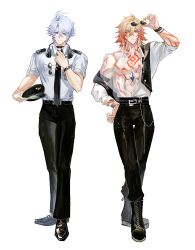 Rule 34 | 2boys, abs, absurdres, adjusting clothes, adjusting necktie, alternate costume, ankle boots, antenna hair, arm strap, belt, black belt, black necktie, black pants, black shoes, blonde hair, blue eyes, boots, braid, chest tattoo, collared shirt, commentary, earrings, facial tattoo, gradient hair, hair between eyes, hat, headphones, headphones around neck, highres, holding, holding removed eyewear, holding unworn clothes, holding unworn hat, honkai: star rail, honkai (series), jewelry, male focus, medium hair, multicolored hair, multiple boys, mydei (honkai: star rail), necklace, necktie, pants, parted bangs, parted lips, phainon (honkai: star rail), pilot, qiaose33912, red hair, red tattoo, shirt, shoes, short hair, side braid, simple background, sunglasses, symbol-only commentary, tattoo, toned, toned male, unworn eyewear, unworn hat, unworn headwear, watch, white background, white hair, white shirt, wristwatch, yellow eyes