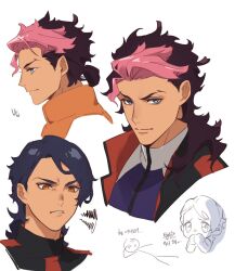 2boys aqua_eyes black_hair blue_hair furrowed_brow guel_jeturk gundam gundam_suisei_no_majo highres jacket lauda_neill long_hair low_ponytail male_focus medium_hair mole mole_under_eye mullet multicolored_hair multiple_boys multiple_views nokhong_y orange_eyes orange_jacket parted_lips pink_hair ponytail portrait profile purple_shirt shirt swept_bangs two-tone_hair upper_body white_background