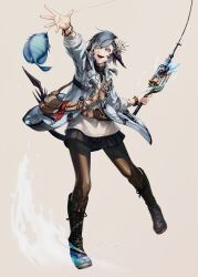 1girl absurdres au_ra bag black_pantyhose black_scales blue_eyes blue_hair boots bracelet dated dragon_horns dragon_tail final_fantasy final_fantasy_xiv fish fishing_rod flower hair_flower hair_ornament highres horns jacket jewelry layered_shirt mihira_(tainosugatayaki) open_clothes open_jacket open_mouth pantyhose pleated_skirt short_hair skirt solo tail warrior_of_light_(ff14) white_background