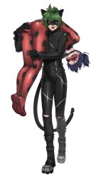 1boy 1girl absurdres adrien_agreste animal_ears black_lips blue_hair bodysuit cat_ears claw_noir defeat defeated_heroin earrings gag gagged green_hair hand_on_another&#039;s_butt highres jewelry keiori_(keiorix) kidnapping ladybug_(character) marinette_dupain-cheng mask miraculous_ladybug purple_eyes short_hair simple_background twintails