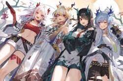 4girls absurdres arknights bare_shoulders black_gloves black_hair black_shorts blonde_hair blue_eyes blue_hair breasts coat colored_extremities dragon_girl dragon_horns dragon_tail dress dusk_(arknights) earrings gloves gourd green_hands grey_eyes grey_hair hair_over_one_eye hand_fan highres holding holding_fan holding_gourd horns jacket jewelry kokukyukeo ling_(arknights) long_hair long_sleeves looking_at_another looking_at_viewer multicolored_hair multiple_girls navel nian_(arknights) one_eye_closed open_mouth pointy_ears red_eyes red_hands shirt short_shorts shorts shu_(arknights) siblings sisters smile standing stomach sweat tail tassel tassel_earrings thighs white_coat white_dress white_hair white_jacket white_shirt white_shorts yellow_hands