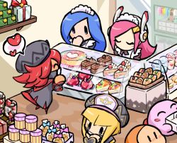 Rule 34 | 4girls, alternate costume, black hat, blonde hair, blue hair, box, cake, cake slice, chocolate cake, cup, disposable cup, enmaided, flamberge (kirby), food, food request, francisca (kirby), gift, gift box, hat, heart, hosikuzubosi (avvf2277), kirby, kirby (series), maid, maid headdress, multiple girls, nintendo, pink hair, red hair, shop, susie (kirby), waddle dee, zan partizanne