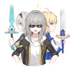 3girls absurdres ahoge artoria_pendragon_(fate) black_coat black_hairband blonde_hair coat commentary cropped_torso excalibur_(fate/stay_night) fate/stay_night fate_(series) firefly_(honkai:_star_rail) green_eyes grey_hair hairband highres holding holding_sword holding_weapon honkai:_star_rail honkai_(series) long_sleeves multiple_girls nicel open_clothes open_coat open_mouth purple_eyes saber_(fate) saber_(honkai:_star_rail)_(fate) shirt simple_background sparkle stelle_(honkai:_star_rail) sunglasses sword trailblazer_(honkai:_star_rail) weapon white_background white_shirt