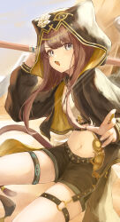 1girl absurdres ankh arknights belt between_fingers black_belt black_jacket black_shorts brown_hair brown_tail chinese_commentary commentary cowboy_shot dandandan668 day fingernails flower gold grey_eyes hand_up head_chain highres holding hood hood_up hooded_jacket jacket jewelry light_rays long_hair long_sleeves looking_at_viewer midriff mixed-language_commentary navel o-ring o-ring_thigh_strap open_clothes open_jacket open_mouth outdoors pepe_(arknights) shorts solo sunlight tail tail_ornament tail_ring thigh_strap thighlet two-sided_fabric two-sided_jacket white_flower yellow_jacket