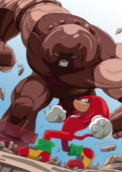 2boys absurdres clenched_teeth commentary crossover danielfs dutch_angle furry furry_male helmet highres juggernaut_(x-men) knuckles_the_echidna male_focus marvel multiple_boys muscular muscular_male signature size_difference sonic_(series) teeth twitter_username x-men