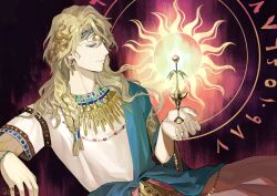 1boy 6_(reverse:1999) absurdres blonde_hair blue_eyes candlestand closed_mouth dark_background earrings fire hair_ornament hand_up highres holding_candlestand jewelry long_hair looking_at_object male_focus official_alternate_costume profile qiu_(b3g3c) reverse:1999 shirt short_sleeves solo upper_body white_shirt