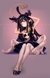 Rule 34 | !?, 1girl, animal ears, arms up, black dress, black gloves, black hair, blonde hair, diamond hairband, dress, fcjfior, flat chest, gloves, gradient hair, grey eyes, hair bun, halo, highres, hololive, hololive english, low wings, multicolored hair, ninomae ina&#039;nis, ninomae ina&#039;nis (ina the hero), pantyhose, pointy ears, rabbit ears, solo, strapless, strapless dress, tentacle hair, tube dress, virtual youtuber, white pantyhose, wings, yellow halo