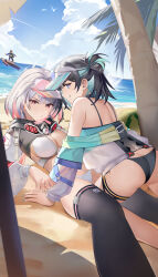 2girls absurdres ass beach bikini black_bikini black_hair black_survival black_thighhighs blue-tinted_eyewear blue_eyes blue_sky breasts butt_crack cloud cloudy_sky commentary day debi_(black_survival) debi_(cotton_candy)_(black_survival) derby_(dabidabi) eternal_return:_black_survival eyewear_on_headwear highres hood hood_down hooded_shrug long_sleeves looking_at_viewer marlene_(black_survival) marlene_(cotton_candy)_(black_survival) mask mask_around_neck medium_breasts multicolored_hair multiple_girls ocean off_shoulder official_alternate_costume outdoors pink-tinted_eyewear puffy_long_sleeves puffy_sleeves red_eyes short_hair shrug_(clothing) siblings sisters sky smile streaked_hair swimsuit thigh_strap thighhighs tinted_eyewear twins visor_cap white_bikini white_hair