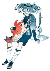 Rule 34 | 1boy, arm support, armor, arms at sides, artist name, blunt ends, bodysuit, bridal gauntlets, character request, closed mouth, copyright request, creature, facing animal, feathers, furisode, gem, genshin impact, hakama, hakama shorts, hat, highres, japanese armor, japanese clothes, jingasa, juban, kimono, kote, leg warmers, leggings, middle ring, monochrome, open clothes, open hands, open kimono, pizakureya73, pleated shorts, pom pom (clothes), sandals, scaramouche (genshin impact), shorts, sitting, spot color, tassel, toes, vision (genshin impact), wanderer (genshin impact), white background, zouri