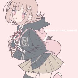 Rule 34 | 1girl, animal bag, backpack, bag, black jacket, black thighhighs, cat bag, collared shirt, commentary, danganronpa (series), danganronpa 2: goodbye despair, green skirt, hair ornament, hood, hood down, hooded jacket, jacket, komanami kawaii, long sleeves, medium hair, miniskirt, nanami chiaki, neck ribbon, open clothes, open jacket, parted lips, pink bag, pink hair, pink ribbon, pink shoes, pleated skirt, red eyes, ribbon, shirt, shoes, skirt, sleeves past wrists, solo, thighhighs, twitter username, white shirt