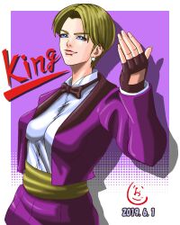 1girl ben-day_dots blonde_hair blue_eyes bow bowtie character_name dated earrings female_focus formal_clothes george_gog gloves jewelry king_(snk) long_sleeves looking_at_viewer pale_skin pants screentones shirt short_hair smile smiley_face standing suit the_king_of_fighters tuxedo white_shirt