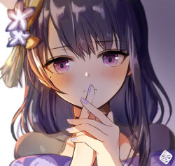 1girl blue_pupils blunt_bangs blurry blush close-up closed_mouth collarbone commentary_request covering_own_mouth depth_of_field embarrassed flower flower_ornament genshin_impact gradient_background hair_ornament hand_over_own_mouth hands_up head_tilt highres index_finger_raised japanese_clothes kimono leaning_to_the_side long_hair looking_at_viewer mole mole_under_eye multicolored_eyes nervous_sweating off_shoulder own_hands_together physics_point purple_eyes purple_flower purple_kimono purple_nails raiden_shogun shade shy sketch solo sweat sweatdrop unfinished upper_body