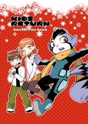 Rule 34 | 1girl, 2boys, alien, alternate costume, bad id, bad pixiv id, ben 10, ben 10: omniverse, ben tennyson, brown hair, colored sclera, green eyes, gwen tennyson, hair ornament, hairclip, makoitsu (makkoi), multiple boys, omnitrix, open mouth, orange hair, pointy ears, red eyes, rook blonko, scarf, short hair, skirt, tail, yellow sclera, aged down