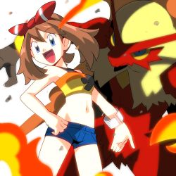 1girl armpits blaziken blue_eyes breasts brown_hair gen_3_pokemon hainchu happy looking_at_viewer may_(pokemon) navel nintendo pokemon pokemon_(creature) small_breasts smile