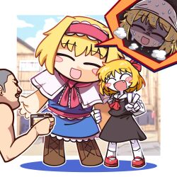 1boy 2girls :d alice_margatroid amerika_zarigani animegao arm_hug ascot black_skirt black_vest blonde_hair blue_dress blue_sky blush_stickers boots brown_footwear buzz_cut camera closed_eyes cloud collared_shirt colored_skin commentary_request cookie_(touhou) cosplay day dress fangs full_body hair_ribbon highres holding holding_camera hot ichigo_(cookie) kigurumi long_sleeves manatsu_no_yo_no_inmu mary_janes miura_daisenpai multiple_girls nadeko_(cookie) open_mouth outdoors pigeon-toed red_ascot red_footwear red_ribbon red_sash ribbon rumia sash self_cosplay shirt shoes short_hair skirt skirt_set sky smile socks standing sweat taking_picture touhou v very_short_hair vest white_shirt white_skin white_socks