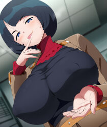 1girl black_hair black_shirt bob_cut breasts commentary commentary_request english_commentary gundam gundam_gquuuuuux handjob highres large_breasts long_sleeves magukappu mature_female mixed-language_commentary no_sclera shiiko_sugai shirt short_hair tongue tongue_out