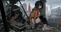 1girl absurdres black_hair black_thighhighs brown_jacket building cloud cloudy_sky guitar_case highres holding holding_microphone instrument_case jacket looking_at_viewer microphone miniskirt original outdoors over-kneehighs ruins shoes short_hair sitting skirt sky solo speaker tekito_midori thighhighs