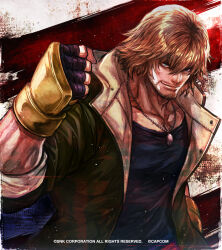 Rule 34 | 1boy, beard, black shirt, blonde hair, blue eyes, facial hair, fatal fury, fatal fury: city of the wolves, fingerless gloves, gloves, highres, hood, hooded jacket, jacket, jewelry, ken masters, muscular, muscular male, necklace, official art, padded gloves, s.n.x, shirt, smile, solo, street fighter, street fighter 6, upper body