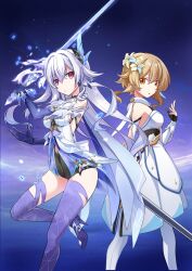 2girls back-to-back black_unitard blonde_hair boots breasts commentary_request dress elbow_gloves flower genshin_impact gloves grey_hair guest_art hair_between_eyes hair_flower hair_ornament hata_kenjirou high_heels highres holding holding_sword holding_weapon long_hair lumine_(genshin_impact) medium_breasts multiple_girls orange_eyes parted_lips purple_background purple_gloves purple_thighhighs red_eyes scarf short_hair_with_long_locks skirk_(genshin_impact) star_(sky) sword thigh_boots thighhighs weapon white_boots white_dress white_scarf