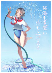 1girl bare_legs barefoot blue_eyes blush brown_hair competition_swimsuit covered_navel feet grey_hair highres holding holding_hose hose legs love_live! love_live!_sunshine!! myumyumyu navel necktie one-piece_swimsuit one_eye_closed puddle red_necktie sailor_collar school_uniform serafuku short_hair smile splashing swimsuit swimsuit_under_clothes thighs tongue tongue_out v variant_set watanabe_you water wavy_hair
