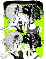 2girls absurdres blush commentary cosplay demon_horns gloves highres hololive hololive_english horns kininatteru_hito_ga_otoko_ja_nakatta kiss koga_mitsuki koga_mitsuki_(cosplay) long_hair multicolored_hair multiple_girls nerissa_ravencroft oosawa_aya oosawa_aya_(cosplay) parted_lips shiori_novella short_hair symbol-only_commentary virtual_youtuber yomosaka yuri