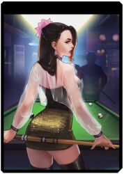 1girl ass black_eyes black_hair braid breasts dress earrings female_focus flower hair_flower hair_ornament huge_breasts jewelry large_breasts long_hair long_sleeves looking_at_viewer looking_back lotus luong mole mole_under_eye pale_skin pool pool_table see-through_clothes shiny_clothes skirt staff standing table the_king_of_fighters thick_thighs thighs