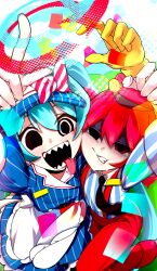 2girls alternate_costume alternate_eye_color apron arm_up black_eyes black_necktie blue_background blue_hair blue_hat bow breasts buttons cheek-to-cheek clenched_teeth cloud collared_dress collared_shirt diagonal-striped_bow double-breasted dress drill_hair fingernails flat_chest floating_clothes from_above gloves grabbing_another&#039;s_arm green_background hair_between_eyes hat hatsune_miku heads_together highres index_finger_raised kasane_teto kepi leg_up long_hair looking_at_viewer looking_up mesmerizer_(vocaloid) military_hat multiple_girls necktie noy_zyy open_mouth pants pinstripe_hat red_bow red_hat red_pants sailor_collar shaded_face sharp_teeth shirt sleeves_rolled_up small_breasts smiley_hat_ornament standing standing_on_one_leg striped_clothes striped_shirt teeth tongue tongue_out twin_drills twintails two-tone_bow uneven_eyes utau visor_cap vocaloid waist_apron white_apron white_bow white_sailor_collar wing_collar wings yellow_gloves