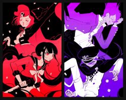 &gt;_&lt; 2boys 2girls arm_up black_background black_border black_cape black_hair black_hat blush border cape closed_eyes danganronpa_(series) danganronpa_v3:_killing_harmony dice eyelashes facial_hair flipped_hair goatee hair_between_eyes hair_ornament hair_scrunchie harukawa_maki hat holding holding_dice holding_knife jacket knife long_hair long_sleeves low_twintails momota_kaito morning_(d0nteat) multiple_boys multiple_girls oma_kokichi open_clothes open_jacket open_mouth profile purple_eyes purple_hair red_eyes red_hair red_thighhighs school_uniform scrunchie shirt short_hair simple_background smile spiked_hair thigh_strap thighhighs twintails very_long_hair witch_hat yumeno_himiko
