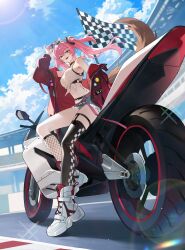 1girl absurdres alternate_costume black_bow black_thighhighs blue_sky bow breasts checkered_flag commentary day denim denim_shorts english_commentary flag glint hair_bow highres large_breasts long_hair looking_at_viewer lupa_(wuthering_waves) masa_ashe motor_vehicle motorcycle outdoors parted_lips pink_hair shirt shorts single_thighhigh sky smile solo stomach sunglasses tacet_mark_(wuthering_waves) thighhighs tied_shirt twintails white_shirt wuthering_waves yellow_eyes
