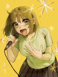 Rule 34 | 1girl, :d, blonde hair, blush, bob cut, breasts, brown skirt, collarbone, commentary, cowboy shot, futsuu no keion-bu, hand on own chest, highres, holding, holding microphone, large breasts, leaning forward, mano (atsushiiii2277), microphone, music, nitta tamaki, open mouth, pleated skirt, shirt, short hair, short sleeves, simple background, singing, skirt, smile, solo, sparkle, sweat, t-shirt, white shirt, yellow background, yellow eyes, yellow theme