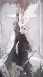 1girl animal_ears arknights arm_up black_coat black_gloves blood blood_in_hair blood_on_clothes blood_on_face chinese_commentary coat commentary dual_wielding evil_grin evil_smile from_side gloves grey_eyes grey_hair grin hair_ornament hairclip highres holding holding_sword holding_weapon impaled lappland_(arknights) lappland_(refined_horrormare)_(arknights) long_hair long_sleeves looking_up murder official_alternate_costume outstretched_arm profile scar scar_across_eye scar_on_face sinsou_11 smile standing sword torn_clothes torn_coat weapon wolf_ears wolf_girl