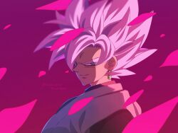 1boy black_shirt dougi dragon_ball dragon_ball_super earrings goku_black grey_eyes highres jewelry komesan_0212 male_focus medium_hair orange_tunic pink_hair potara_earrings purple_background shirt simple_background solo spiked_hair super_saiyan super_saiyan_rose tunic upper_body