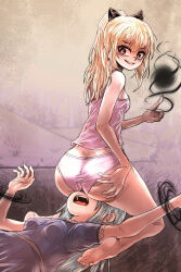 2girls ass barefoot bdsm blonde_hair blue_dress bound bow breasts bright_pupils camisole character_request dark_retriever dress evil_smile femdom gradient_background grey_hair grin hair_bow hand_on_own_ass highres index_finger_raised long_hair looking_back lying magic multiple_girls on_back on_floor open_mouth panties pink_camisole pink_panties ponytail red_eyes restrained simple_background sitting sitting_on_face sitting_on_person small_breasts smile teeth underwear underwear_only yuri
