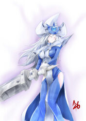 1girl absurdres au46_kaji blue_dress closed_eyes dress duel_monster gloves grey_hair hat highres hip_vent holding holding_sword holding_weapon long_hair signature silent_magician sword weapon white_gloves white_hat wizard_hat yu-gi-oh!