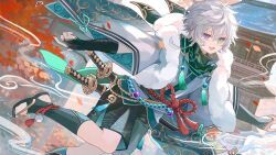 1boy ankle_ribbon autumn_leaves bad_link beads dual_swords dynamic_pose embroidery falling_leaves fingerless_gloves fur_collar gloves green_eyes heterochromia highres japanese_clothes katana kimono leaf leg_ribbon messy_hair midair murakumo_kagetsu murakumo_kagetsu_(1st_costume) namiki_itsuki nijisanji obi open_mouth open_toe_sandals purple_eyes ribbon rope_belt sash scarf sheathed_sword short_hair shorts smile solo sword tassel weapon white_hair wind_swirl