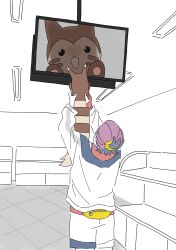 0ming_p 1boy absurdres bag black_hair furret gen_2_pokemon gloves highres holding holding_pokemon jacket kieran_(pokemon) korean_commentary long_sleeves male_focus meme monitor nintendo open_mouth partially_fingerless_gloves pokemon pokemon_(creature) pokemon_sv purple_hair red_gloves shorts showing_baby_to_a_supermarket_camera_(meme) single_glove white_jacket white_shorts yellow_bag