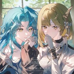 2girls artist_request black_coat blonde_hair blue_hair blurry blurry_background coat commission covered_mouth covering_own_mouth fang fang_out gloves green_eyes hand_up highres hissabeth leaf long_hair looking_at_another looking_at_viewer mark_under_eye mechanical_ears multiple_girls pointer_(reverse:1999) red_pupils reverse:1999 second-party_source side-by-side smile snake snake_on_head upper_body watermark white_coat white_gloves window yellow_eyes