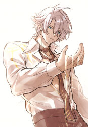 1boy antenna_hair black_necktie black_pants blue_eyes collared_shirt commentary_request highres honkai:_star_rail honkai_(series) jyuru long_sleeves male_focus necktie official_alternate_costume pants parted_bangs partially_unbuttoned pectoral_cleavage pectorals phainon_(anan)_(honkai:_star_rail) phainon_(honkai:_star_rail) shirt short_hair simple_background solo wet wet_clothes wet_shirt white_background white_hair white_shirt