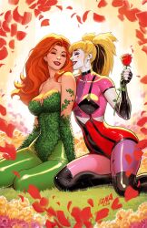 2girls alternate_costume batman_(series) black_gloves black_hair black_nails blonde_hair breasts cleavage colored_skin david_nakayama dc_comics elbow_gloves fingerless_gloves flower gloves green_pantyhose harley_quinn highres holding holding_flower initial large_breasts leaf_gloves leaf_leotard leotard long_hair multicolored_hair multiple_girls orange_hair pantyhose petals plant_clothing poison_ivy red_flower red_petals red_rose rose rose_petals sitting strapless strapless_leotard twintails two-tone_hair white_skin