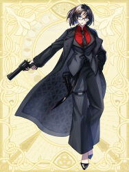 1girl banned_artist bell-bottoms black_coat black_hair black_necktie black_pants black_shoes black_vest blue_eyes chain_paradox cigarette coat dress_shirt formal_clothes full_body glasses gun hand_in_pocket handgun holding holding_gun holding_weapon holster kamiyama_hikari long_legs long_sleeves looking_at_viewer medium_hair moon moon_phases mouth_hold necktie open_clothes open_coat open_collar pants pinstripe_pattern pinstripe_suit red_shirt revolver shirt shoes smoke smoking solo striped_clothes suit thigh_strap thiru3dan trigger_discipline vertical-striped_clothes vest weapon yellow_background