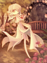 1girl absurdres artist_name bench blurry blurry_background blurry_foreground bob_cut bow capelet clothed_pokemon colored_skin female_focus flower frilled_capelet frilled_hairband frilled_thigh_strap frills from_side gardevoir gen_3_pokemon green_hair green_skin hair_over_one_eye hairband happy highres knees_together_feet_apart leg_up lifting_own_clothes lolita_hairband looking_back multicolored_skin neck_ribbon nintendo no_feet one_eye_covered open_mouth outdoors pokemon pokemon_(creature) red_eyes red_flower ribbon short_hair smile solo standing standing_on_one_leg sunset thigh_strap two-tone_skin watermark white_bow white_capelet white_hairband white_ribbon white_skin yuhata_(yuh4t4)