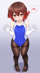 Rule 34 | 1girl, alternate costume, black pantyhose, blue one-piece swimsuit, blush, breasts, brown eyes, brown hair, competition swimsuit, covered navel, elbow gloves, gloves, hair between eyes, heart, highres, kantai collection, mutsuki (kancolle), one-piece swimsuit, pantyhose, pantyhose under swimsuit, red hair, short hair, small breasts, smile, solo, speech bubble, spoken heart, standing, swimsuit, thighband pantyhose, tongue, tongue out, two-tone one-piece swimsuit, white gloves, white one-piece swimsuit, zanne