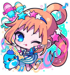 1girl bird blue_eyes blue_footwear blue_hairband blue_jacket blue_skirt chibi commentary_request drumsticks fukuhara_ann full_body hair_ornament hair_rings hairband hands_up highres holding holding_drumsticks ice_skates jacket jumping kohinata_kanoo long_hair looking_at_viewer midriff musical_note one_eye_closed orange_hair pretty_rhythm pretty_rhythm_rainbow_live pretty_series puffy_short_sleeves puffy_sleeves rocket short_sleeves side_ponytail single_hair_ring skates skirt smile solo star_(symbol) star_hair_ornament tongue tongue_out