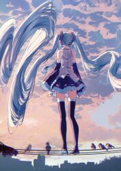 1girl absurdly_long_hair animal bare_shoulders bird black_boots black_skirt black_sleeves blue_hair blue_nails blue_necktie boots cloud cloudy_sky collared_shirt commentary_request detached_sleeves facing_away floating_hair from_behind hatsune_miku highres long_hair long_sleeves nail_polish necktie pentagon_(railgun_ky1206) pleated_skirt power_lines shirt skirt sky skyline sleeveless sleeveless_shirt sleeves_past_wrists solo standing sunset thigh_boots tie_clip twintails very_long_hair vocaloid white_shirt wide_sleeves