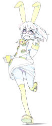 1girl animal_ears blue_eyes bright_pupils buttons dress fake_animal_ears floating_hair full_body glasses gluteal_fold graphite_(medium) happy highres leg_up loafers long_hair long_sleeves original over-kneehighs panties partially_colored pink-framed_eyewear purple_panties rabbit_ears red_pupils shadow shiwasu_takashi shoes short_dress simple_background skirt socks solo thighhighs traditional_media underwear upskirt white_background wind yellow_shoes yellow_skirt yellow_socks