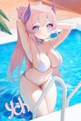 1girl armpits bikini blurry blurry_background blush bow-shaped_hair breasts caustics choker cleavage collarbone commentary day english_commentary genshin_impact gradient_eyes groin highres hoshimurii large_breasts long_hair looking_at_viewer multicolored_eyes navel pendant_choker pink_eyes pink_hair plant pool pool_ladder purple_eyes sangonomiya_kokomi shell_hair_ornament solo stomach swimsuit thighs water white_bikini white_choker