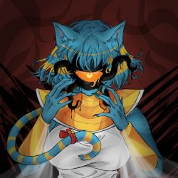 1girl animal_ears breasts cat_ears cat_girl commentary cthulhu_mythos dress english_commentary furry furry_female highres large_breasts looking_at_viewer medium_hair nyanlathotep one-eyed solo sucker_for_love white_dress xinjinjumin1280262 yellow_eyes